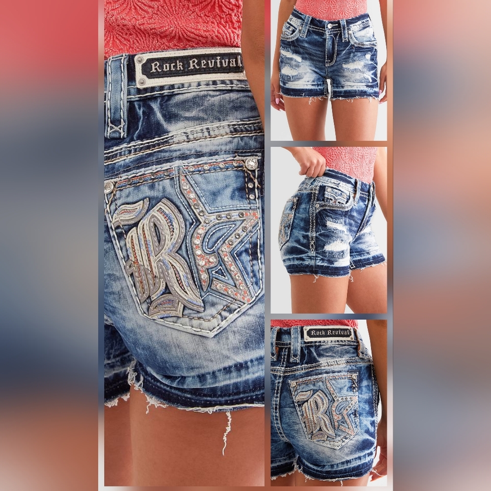 🤘NeW🎸 ROCK REVIVAL LIZBETH EMBELLISHED DISTRESS DESTRUCTED SHORTS 30 - Picture 3 of 16